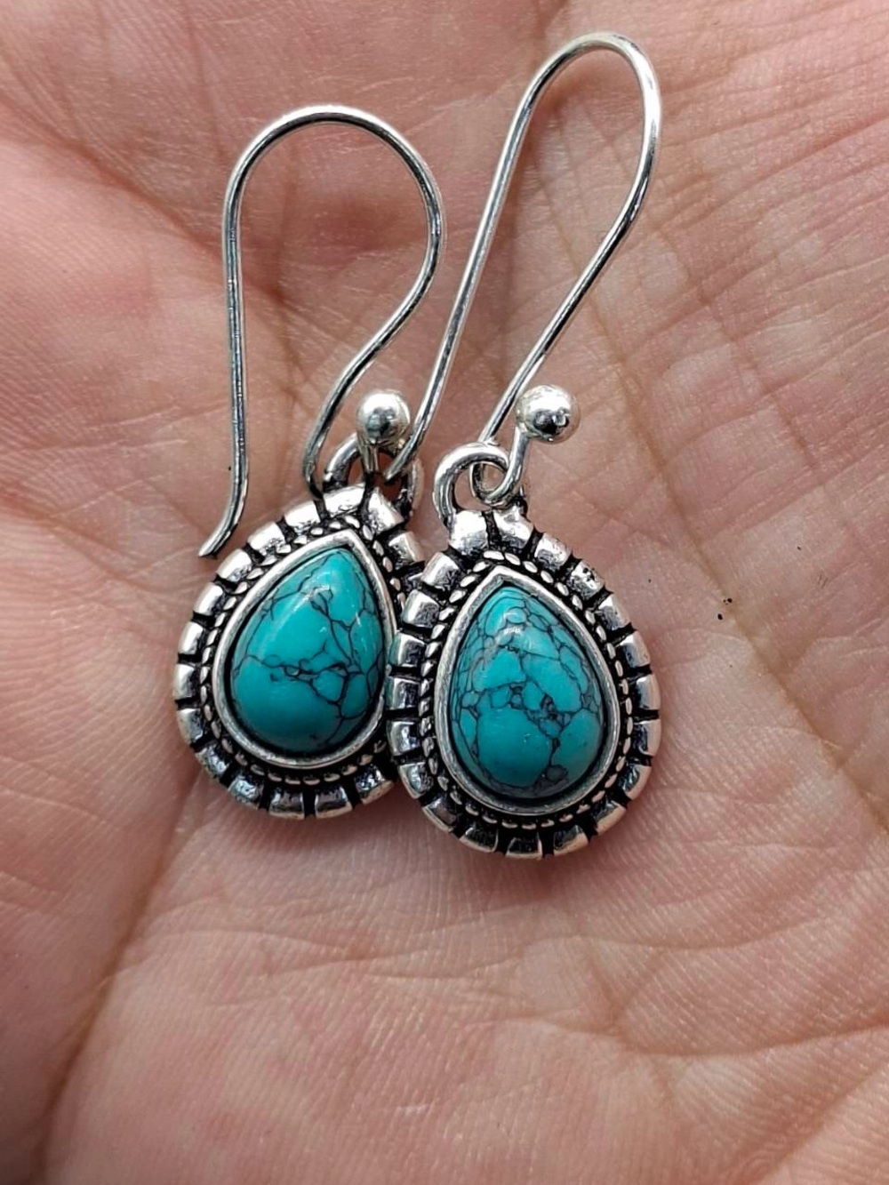 Vintage Southwestern Style Sliver Tone Turquoise Teardrop Earrings